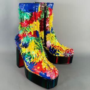 CHRISTIAN LOUBOUTIN 10 Stage O Rioca Multi Color Sequined Leather Platform Boots